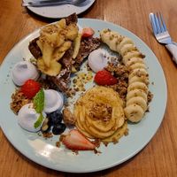 Vegan glutenfree waffle with Apple caramel crummble and seasonal fruits at Theera in Bangkok