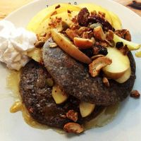 Vegan pancakes with apple crumble topping at Theera in Bangkok