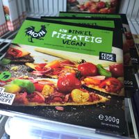 Vegan spelt pizza dough in freezer at De Halm Natuurvoeding in Amstelveen