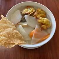 Wonton noodle soup with rice noodles (requested without fresh herbs on top due to dietary restriction) at Bo De Trai in Footscray