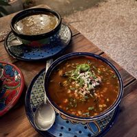 Pozole and mushrooms & veggie soup  at Suculenta in Tulum