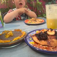 Banana bread and pancakes and beans a fried banana  at Suculenta in Tulum