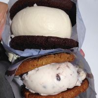 Vegan fudge cookie with vanilla soy and Vegan oatmeal raisin walnut cookie with soy mint chocolate chip   at CREAM in Fresno
