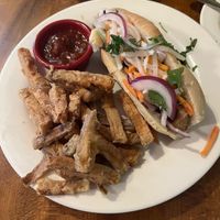Bahn mi with sweet potato fries   at Fat Cats in Cleveland