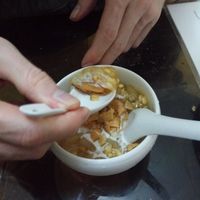 Gooey dessert with pomelo and coconut milk at Bao An Vegan (formerly Vegan Banhmi) in Hanoi