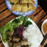 Noodles, spring rolls and fried dumplings (they call it 'pillow donut') at Bao An Vegan (formerly Vegan Banhmi) in Hanoi