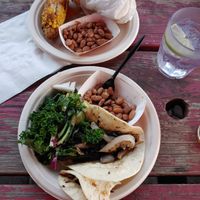 Burrito plate with corn and mushroom fajitas with salad. at La Botanica in San Antonio