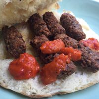 Ćevapi with Ajvar in flat bread. at Vege Fino Za Sve in Zagreb