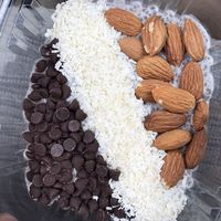 Almond Joy Chia Pudding, with almond, coconut, dark chocolate chips, and chai pudding. Delicious! at CLE Juice Box in Mentor