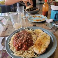 Soy bolognese + garlic bread at La Ruta Vegana in Mazatlan