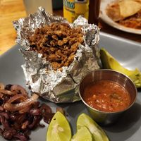 papas al horno. baked potato with soy protein. very yummy at La Ruta Vegana in Mazatlan