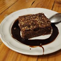 brownie. warm and tasty and would be so much yummier with ice cream at La Ruta Vegana in Mazatlan