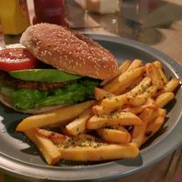 Soy burger with fries (parmesan-esque) at La Ruta Vegana in Mazatlan