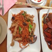 main dish: fried crispy tofu leaves with carrots, shitake and fresh ginger + braised pumpkin with black bean sauce at Sampan in Frankfurt