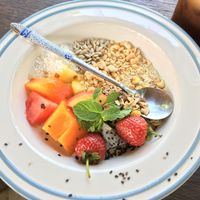 Oats porridge with coconut milk and fruit  at FatCat in Pai