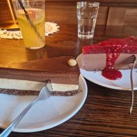 Chocolate hazlenut cake (tasted like Nutella) and chocolate raspberry cheesecake, both labelled vegan at Retro in Gdansk