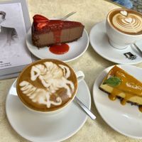 Cappuccino with oat milk / Chocolate „cheese“ cake / Mango & Passionfruit millet cake  at Retro in Gdansk