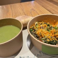 Vegan pea soup and lentil bowl lunch   at EXKi - Rue Neuve in Brussels
