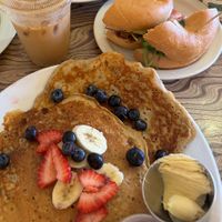 Vegan banana pancakes and vegan breakfast bagel with vegan egg,  vegan bacon   at Morning Brew - Kailua in Kailua