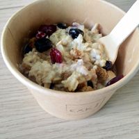 Breakfast oatmeal with apple and berries at BRU - EXKi - TA in Zaventem