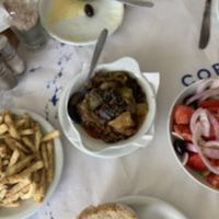 Briam, fried courgette and salad  at Imerolia Beach Restaurant in Corfu