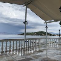 The view on a rainy day  at Imerolia Beach Restaurant in Corfu