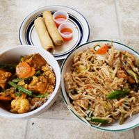 Vegan Panang curry, vegan Pad Thai, and crispy spring rolls. at Na-Ha-Thai's Kitchen in Guelph