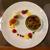 Avocado and apricot cream brûlée  at Etnosvet in Prague