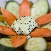 Edamame Hummus with veggies and lotus root at Blue Sushi Sake Grill in Denver