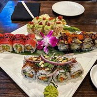 clockwise from 12 vegan Eden, vegan Black Dragon, vegan Thai Hippie, vegan Black Dragon   at Blue Sushi Sake Grill in Denver