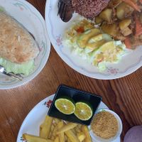 Adobo tofu, burger patty sandwich and sweet potato fries   at Gaia in Sagada