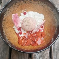 Dessert with coconut rice pudding and rhubarb at TIAN Bistro am Spittelberg in Vienna