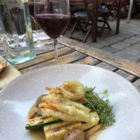 Squash blossoms. Their version of Rose wine.  at TIAN Bistro am Spittelberg in Vienna