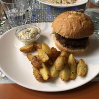Vegan burger with potato wedges at Clear Head - Lehka Hlava in Prague