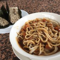 Curry veg with noodles and miso onigiri. at Malibu House in Okinawa