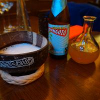 Mongozo coconut-beer. Loved it! Couldn't try the other flavors, next time! (Mango and pineapple(?))
It contains fair-trade rice and coconut milk next to the standard ingredients. Don't know if the beer is made vegan though.  at Little Ethiopia in Antwerpen