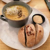 Soup of the day (lentil) with home made bread & hummus at De Herbivoor in Groningen