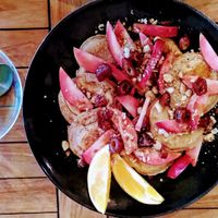 Dutch mini pancakes with apple, dates and nuts at De Herbivoor in Groningen