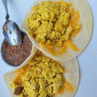 Tofu Scramble tacos with vegan cheese at Beerline Cafe in Milwaukee