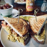 Breakfast panini, with added tempeh bacon and tomato  at Beerline Cafe in Milwaukee