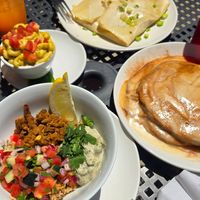 Shawarma grain bowl (May special), cinnamon roll pancakes, basic breakfast crepe, pesto mac at Beerline Cafe in Milwaukee