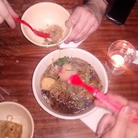 Sharing mushroom broth at The Hug and Pint in Glasgow