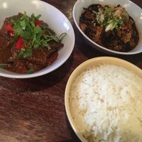 Tempeh, mushroom &beans with jasmine rice at The Hug and Pint in Glasgow