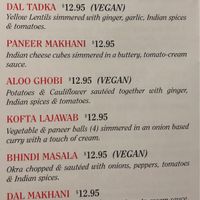 Some vegan/vegetarian options on the menu at Tandoor in Lexington