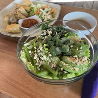 green salad with side of peanut sauce - was lovely but had frozen green blocks (not sure what they were but not to my taste) other than that scrummy😄 at Alkaline Restaurant in Canggu