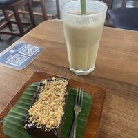 Sweet potato brownie and iced latte with oat milk   at Alkaline Restaurant in Canggu