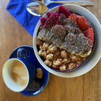 Great cappuccino with oat milk and smoothie bowl   at Alkaline Restaurant in Canggu