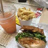 BBQ burger, strawberry lemonade, fries  at VeganBurg in San Francisco
