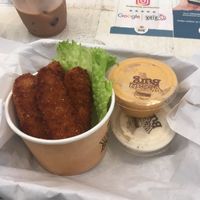 Chick’n Tenders (orange sauce is sriracha aioli) at VeganBurg in San Francisco