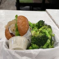 Broccoli and creamy mushroom burger  at VeganBurg in San Francisco